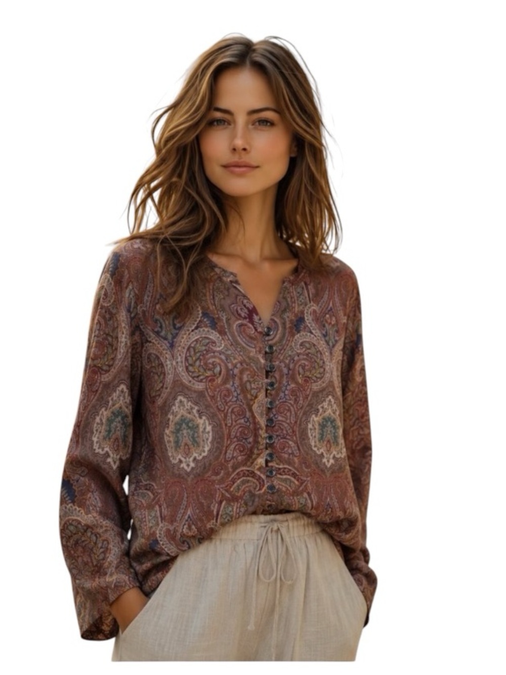 Tristan & Iseut  Boho Vintage Brown Paisley Long Sleeve Button Blouse Medium